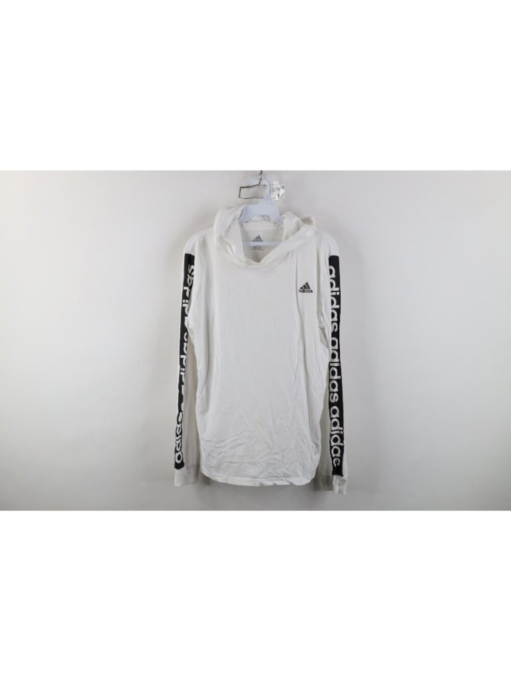 Y2K Adidas Boys XL Spell Out Taped Logo Long Sleeve Hoodie Hooded T-Shirt White